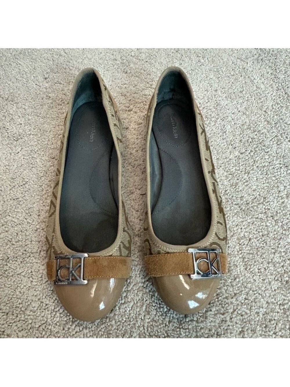 Calvin Klein Paulett camel Tan brown monogram logo patent canvas ballet flats 9